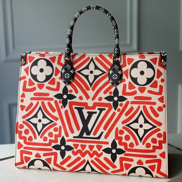 LV CRAFTY ONTHEGO GM RIESIGE LEINWAND MIT CREME UND ROTEM MONOGRAMM