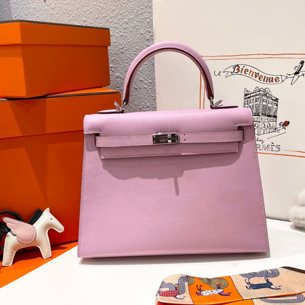 HM KELLY 25CM ROSA EPSOM LEDER SILBERNE HARDWARE