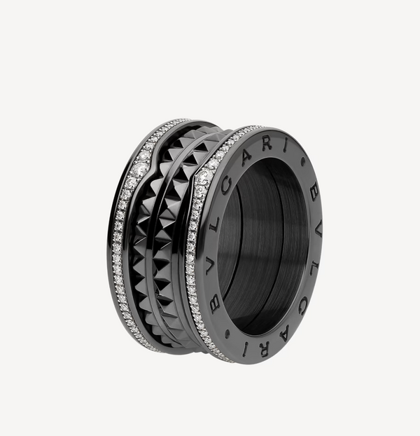 ˇStella JewelryˇZERO 1 ROCK FOUR-BAND BLACK CERAMIC WITH STUDDED SPIRAL AND PAVED DIAMONDS RING