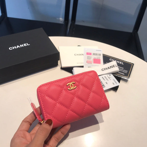 CC KAVIAR-GELDBÖRSE MIT REISSVERSCHLUSS 11 ROT ROSA KALBSLEDER GOLD-SYMBOL