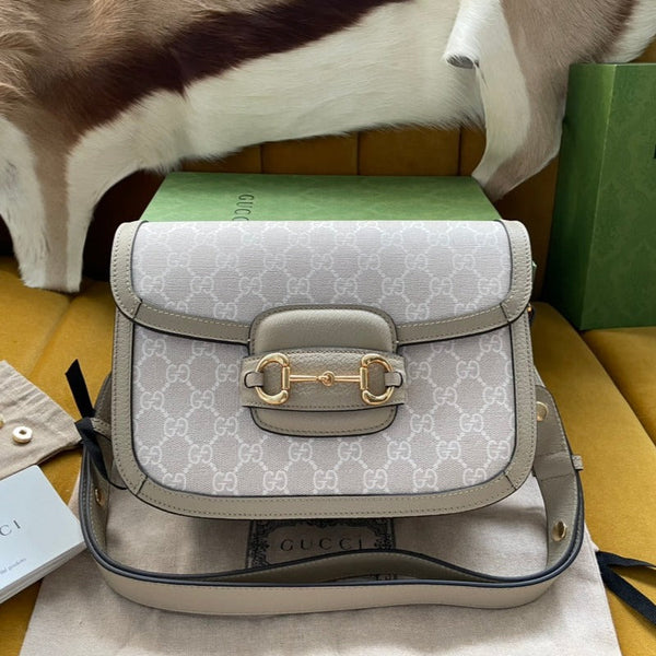 GG HORSEBIT 1955 SATTELTASCHE 25 AUS WEISSEM CANVAS UND BEIGEM KALBSLEDER