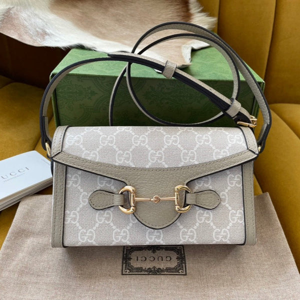 GG HORSEBIT 1955 MINI 18 TASCHE AUS WEISSEM CANVAS UND BEIGEEM KALBSLEDER