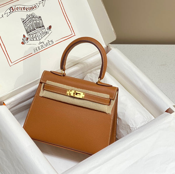 KELLY MINI 20 TASCHE AUS BRONZEBRAUNEM KALBSLEDER MIT GOLDENEN BESCHLÄGEN (AUF BESTELLUNG)