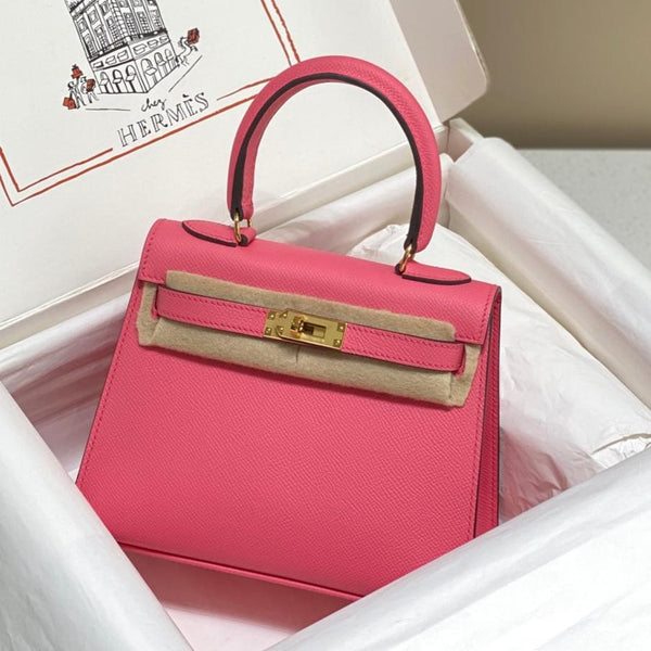 KELLY MINI 20 TASCHE AUS WASSERMELONENROSAEM KALBSLEDER MIT GOLDENEN BESCHLÄGEN (AUF BESTELLUNG)