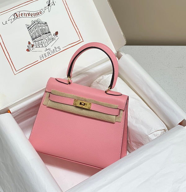 KELLY MINI 20 TASCHE AUS ROTROSA KALBSLEDER MIT GOLDENEN BESCHLÄGEN (AUF BESTELLUNG)