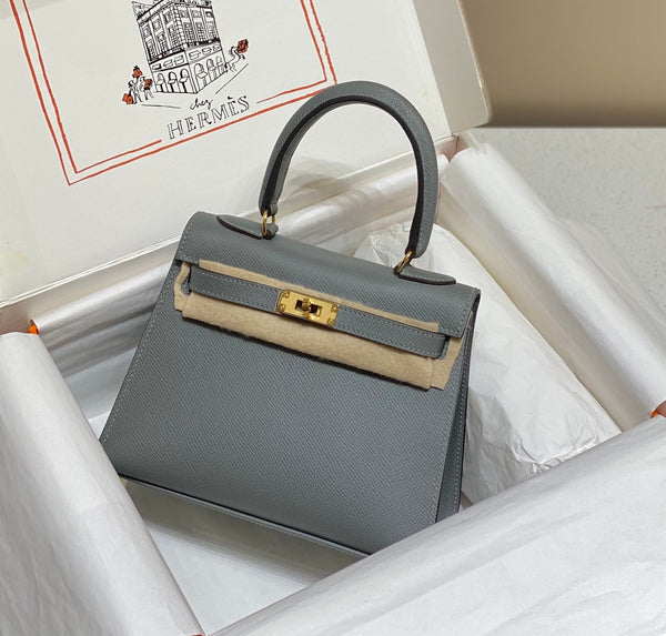 KELLY MINI 20 TASCHE AUS HAIGRAUEM KALBSLEDER MIT GOLDENEN BESCHLÄGEN (AUF BESTELLUNG)