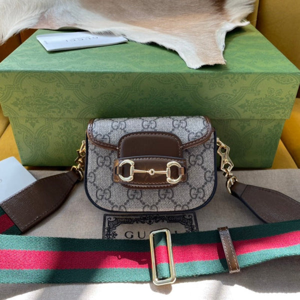 GG 12 HORSEBIT 1955 SUPER MINI BAG BEIGE CANVAS UND EBENHOLZ-KALBSLEDER