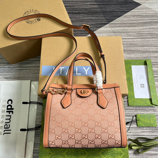 GG OPHIDIA SMALL 24 TOTE BAG AUS ROSA CANVAS UND KALBSLEDER