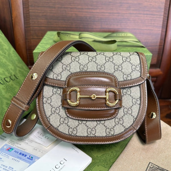 GG 18 HORSEBIT 1955 MINI-TASCHE AUS BEIGE CANVAS UND EBENHOLZ-KALBSLEDER