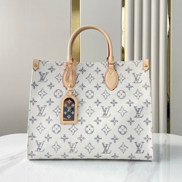 ONTHEGO MM 35 AUS WEISSEM JACQUARD-STOFF MIT MONOGRAMM