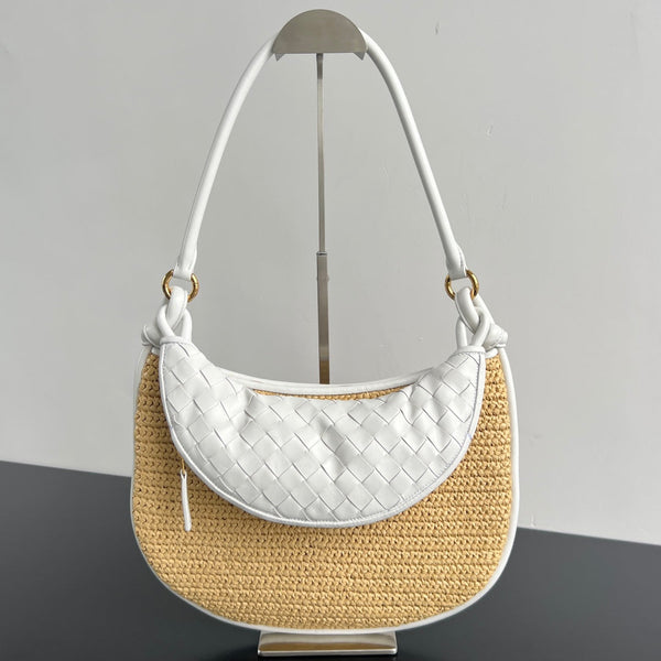 GEMELLI SCHULTERTASCHE 36 AUS BEIGEM RAFFIA UND WEISSEM LAMMLEDER