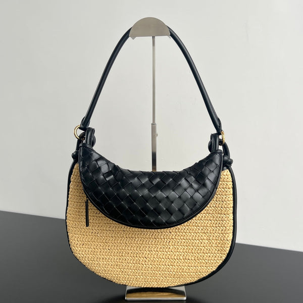 GEMELLI SCHULTERTASCHE 36 AUS BEIGEM RAFFIA UND SCHWARZEM LAMMLEDER