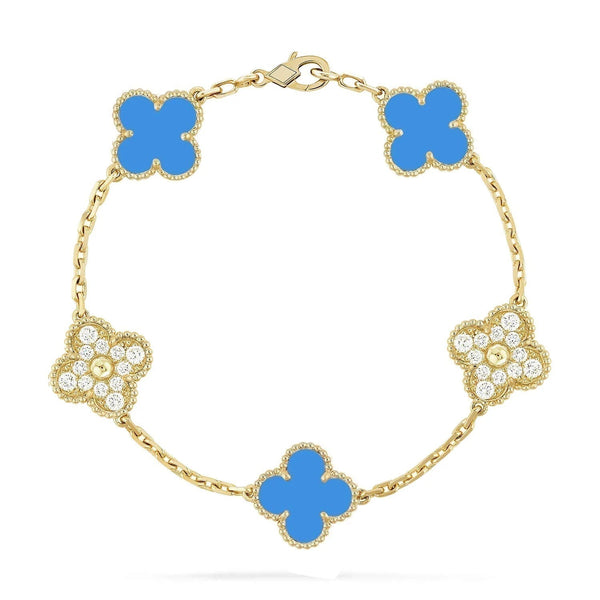 ステラジュエリー クローバー 5モチーフ ブルーカルセドニー ダイヤモンドブレスレット