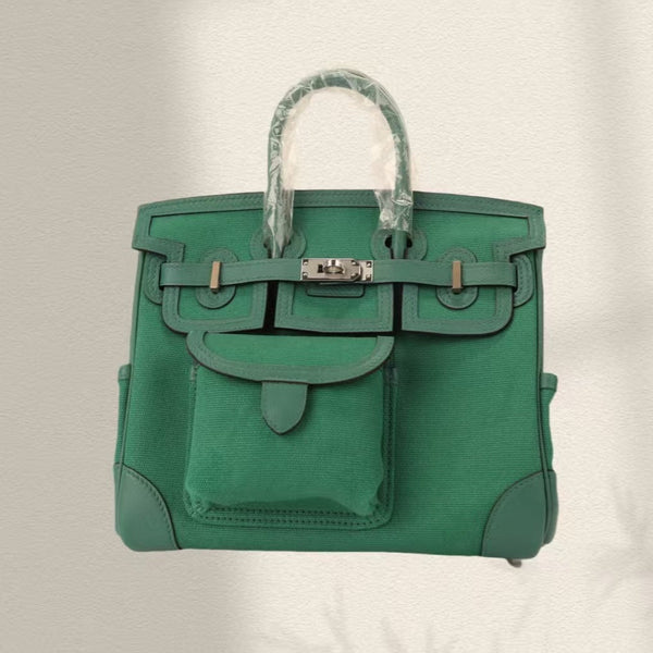 BIRKIN CARGO 25CM GRÜNES CANVAS UND LEDER SILBERNE HARDWARE