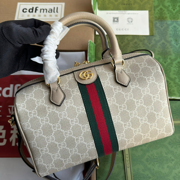OPHIDIA KLEINE TASCHE MIT HENKELTASCHEN 26 AUS BEIGE-WEISSEM CANVAS UND HAFERFARBENEM KALBSLEDER MIT GOLDENEN BESCHLÄGEN