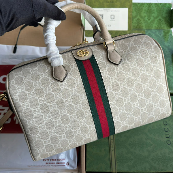OPHIDIA MITTLERE HANDTASCHE 31 AUS BEIGE-WEISSEM CANVAS UND HAFERFARBENEM KALBSLEDER MIT GOLDENEN BESCHLÄGEN