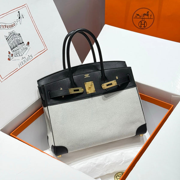 QUADRILLE BIRKIN 30 CM AUS SCHWARZEM SWIFT-KALBSLEDER UND WEISSEM TOILE-CANVAS