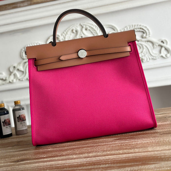 ZIP CABINE 31 TASCHE AUS PINK-ROSAEM CANVAS UND BRONZEBRAUNEM KALBSLEDER