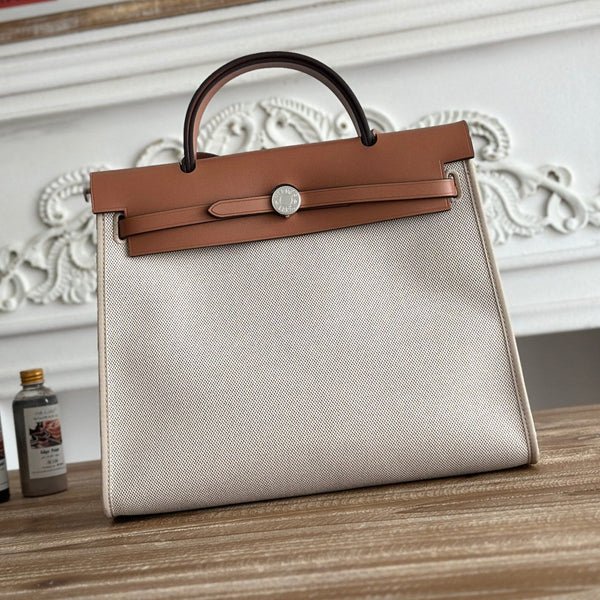 ZIP CABINE 31 TASCHE AUS HELLGRAUEM CANVAS UND BRONZEBRAUNEM KALBSLEDER