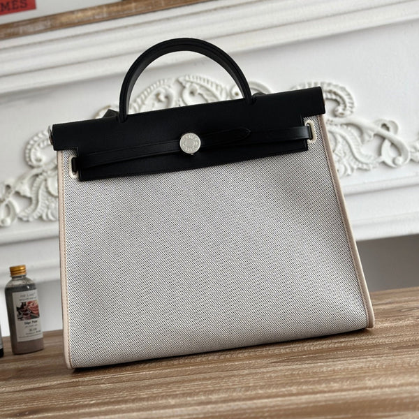 ZIP CABINE 31 TASCHE AUS HELLGRAUEM CANVAS UND SCHWARZEM KALBSLEDER