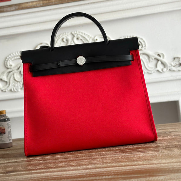 ZIP CABINE 31 TASCHE AUS KLASSISCHEM ROTEN CANVAS UND SCHWARZEM KALBSLEDER