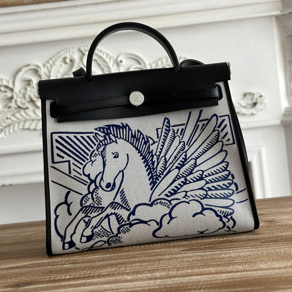 ZIP CABINE 31 TASCHE AUS WEISSEM CANVAS UND SCHWARZEM KALBSLEDER