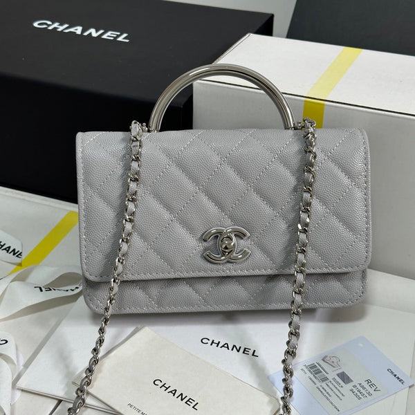 Klapptasche mit silberfarbenem Griff 19 aus grau glänzender Kaviarhaut