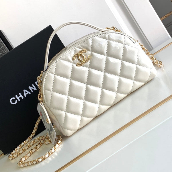 CC CLASSIC MINI 20 CLUTCH MIT RIEMEN AUS GLÄNZENDEM WEISSEM KALBSLEDER