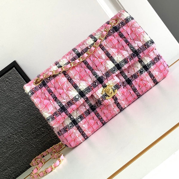 CC MINI 20 KLASSISCHE TASCHE AUS HELLROSA-MIX-SCHWARZEM WOLLTWEED