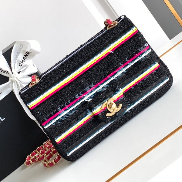MINI 20 KLASSISCHE HANDTASCHE AUS SCHWARZEN, BESTICKTEN TWEED-PAILLETTEN