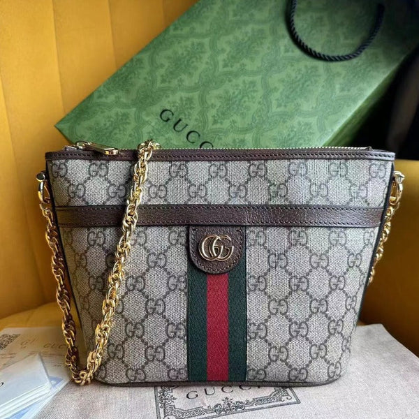 OPHIDIA 21 GG KLEINE SCHULTERTASCHE AUS BEIGEM CANVAS UND BRAUNEM KALBSLEDER