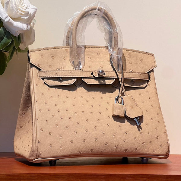 KELLY SELLIER 25 BAG IN CAMEL BEIGE OSTRICH LEATHER WITH SILVER HARDWARE (MADE-TO-ODER)