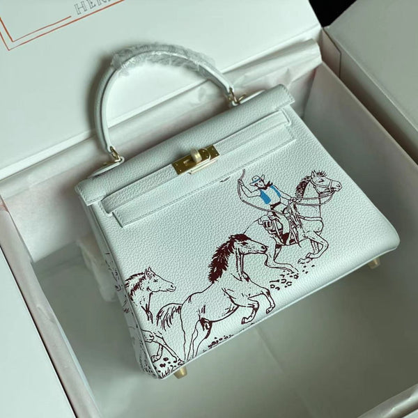 BIRKIN 25 TASCHE AUS WEISSEM KALBSLEDER MIT BUNTEM AUFKLEBER 228763 (AUF BESTELLUNG)