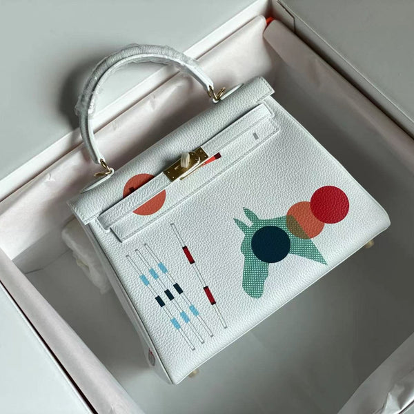 BIRKIN 25 TASCHE AUS WEISSEM KALBSLEDER MIT BUNTEM AUFKLEBER (AUF BESTELLUNG)
