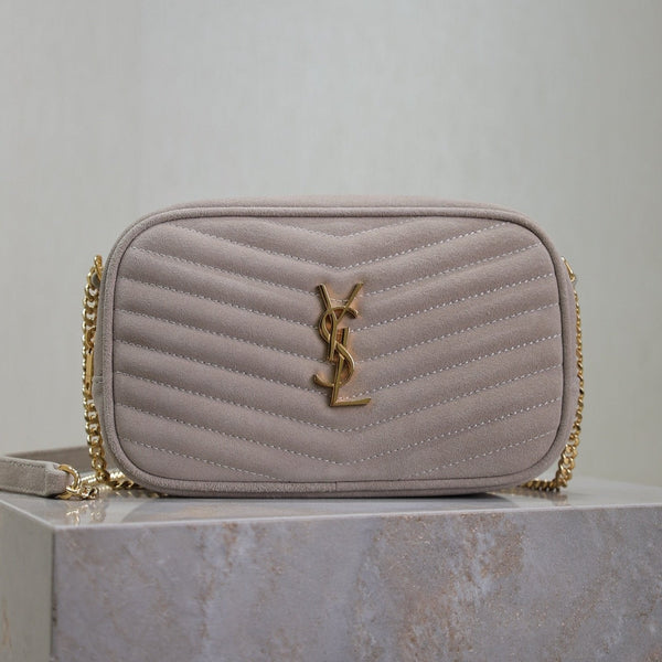 LOU MINI KAMERATASCHE 18 AUS SILBER ROSA WILDLEDER GOLDBESCHLÄGEN