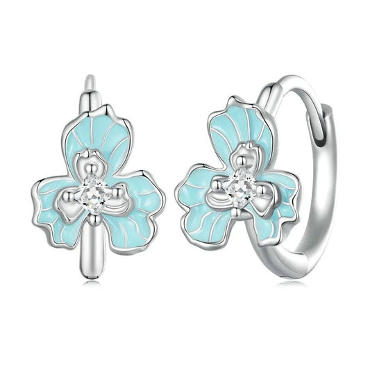ˇStella JewelryˇBlue Enamel Iris Ear Buckles Flower Hoop Earrings