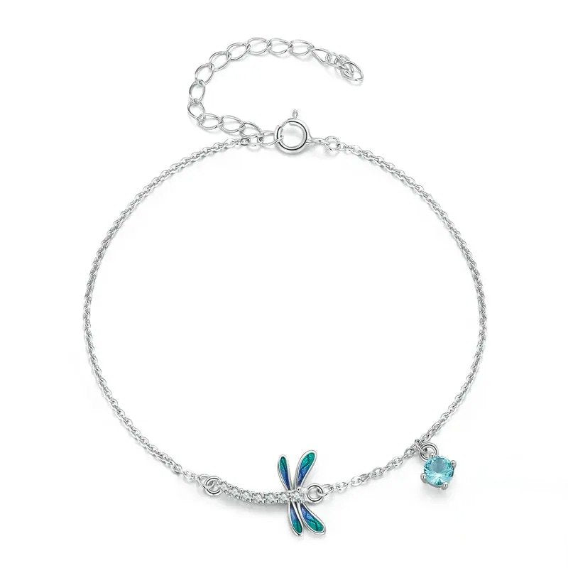 ˇStella JewelryˇSilver Green and Blue Enamel Dragonfly Bracelet Insect Chain Link for Women