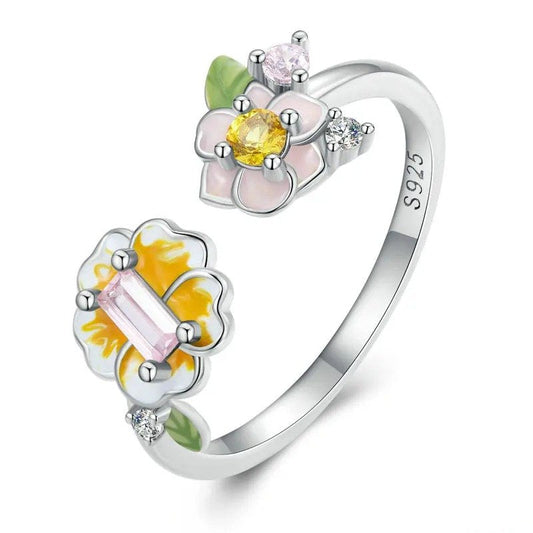 ˇStella JewelryˇColorful Enamel Flower Adjustable Ring Yellow Zircon Open Ring