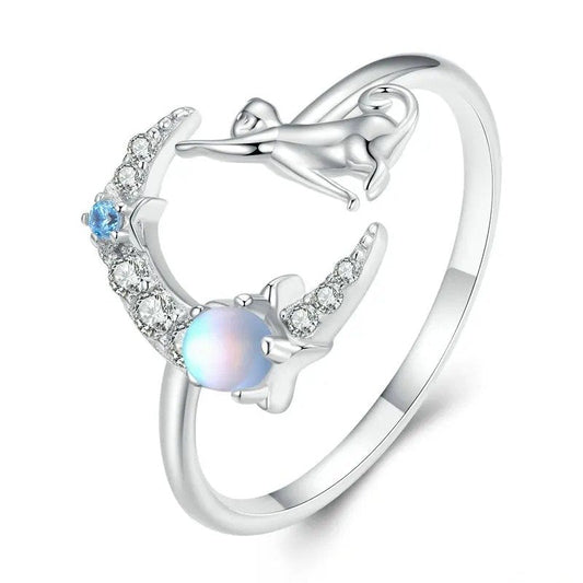 ˇStella JewelryˇCat and Moon Cute Animal Opening Ring Moonstone Adjustable Ring