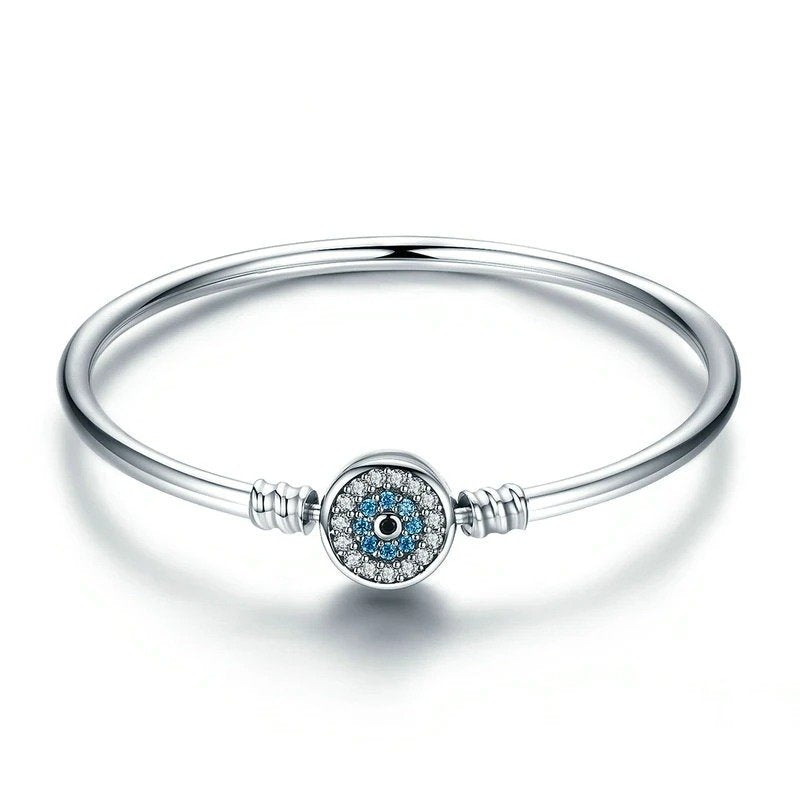 ˇStella JewelryˇBlue Evil Eye Bangle Demon Eye Charm Bracelet Clear CZ Luxury
