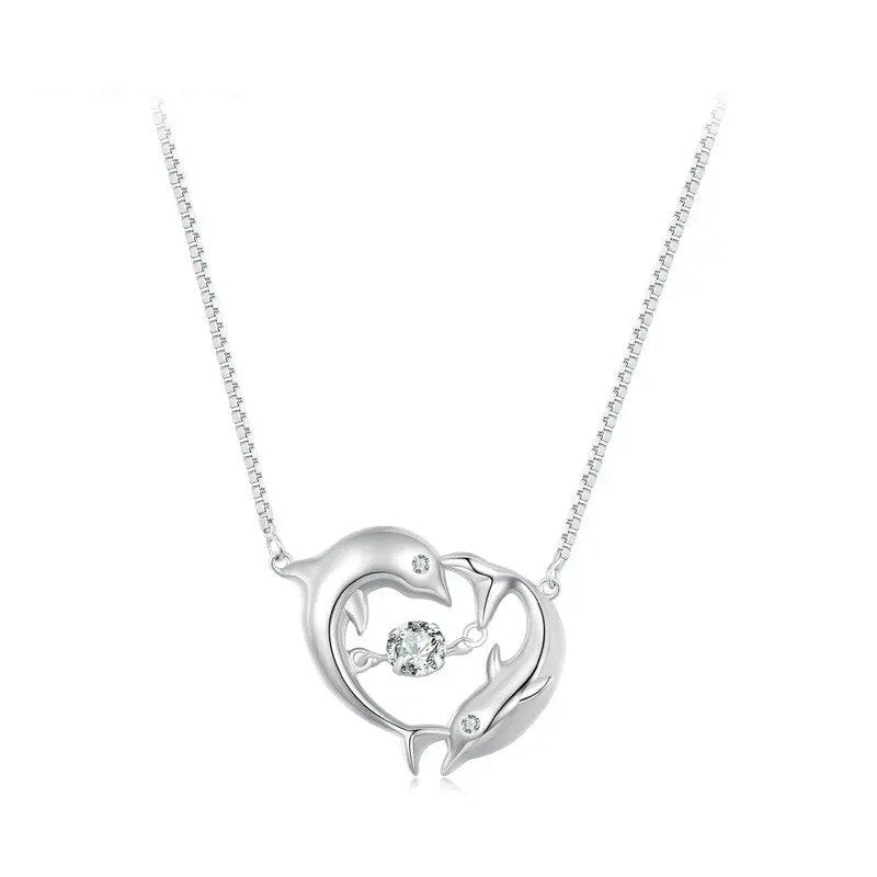 ˇStella JewelryˇDouble Dolphins Necklace Shiny Zircon Love Neck Chain