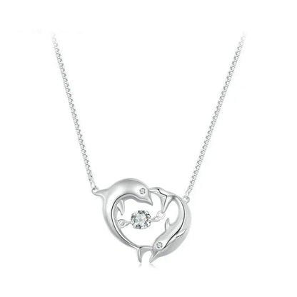 ˇStella JewelryˇDouble Dolphins Necklace Shiny Zircon Love Neck Chain