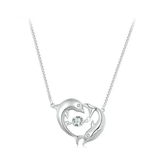 ˇStella JewelryˇDouble Dolphins Necklace Shiny Zircon Love Neck Chain