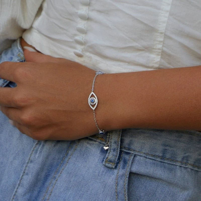 ˇStella JewelryˇBlue Zircon Evil Eyes Bracelet Guardian Eye Chain for Women