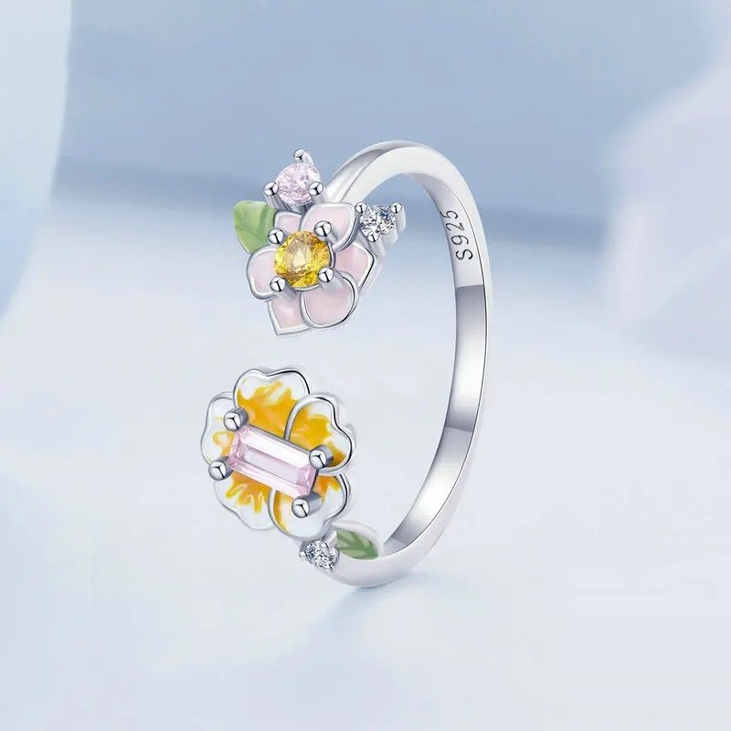 ˇStella JewelryˇColorful Enamel Flower Adjustable Ring Yellow Zircon Open Ring