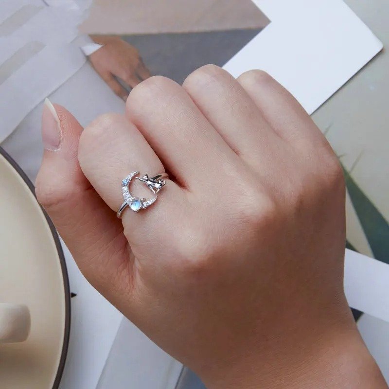 ˇStella JewelryˇCat and Moon Cute Animal Opening Ring Moonstone Adjustable Ring