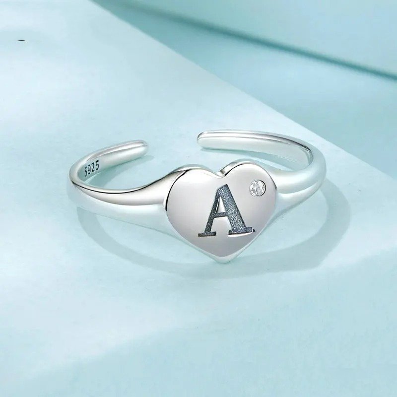 ˇStella JewelryˇEngraved Initial Letter A Open Ring Heart-shaped Adjustable Stackable Rings