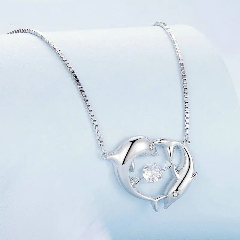 ˇStella JewelryˇDouble Dolphins Necklace Shiny Zircon Love Neck Chain
