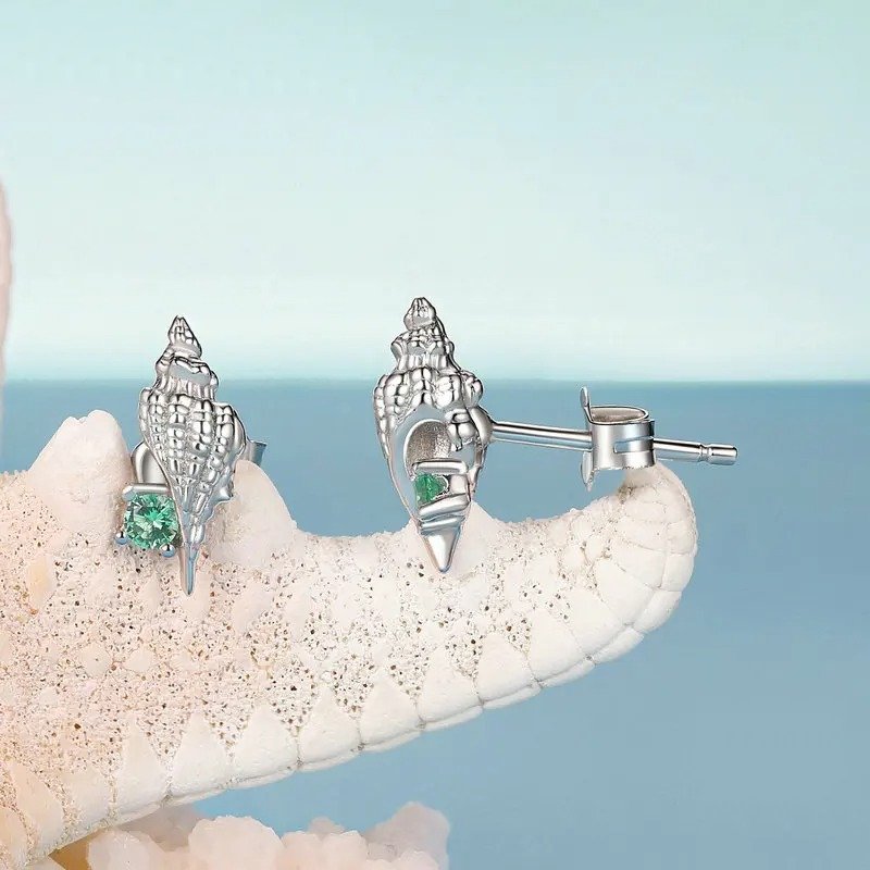 ˇStella JewelryˇConch Stud Earrings Inlaid Green Zirconia Hypoallergenic Earrings