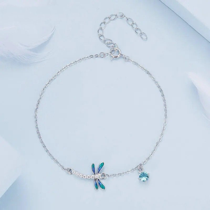 ˇStella JewelryˇSilver Green and Blue Enamel Dragonfly Bracelet Insect Chain Link for Women